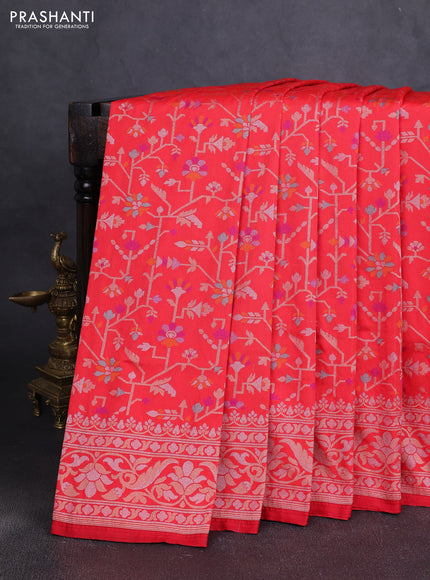 Art silk saree orange with alllover jamdhani weaves and zari woven border