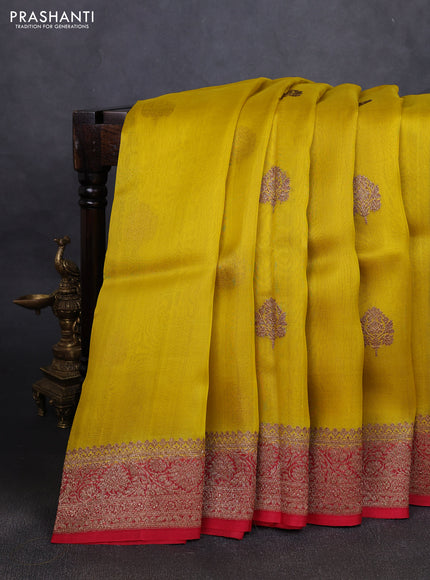 Banarasi organza silk saree mustard yellow and red with woven buttas and banarasi style border