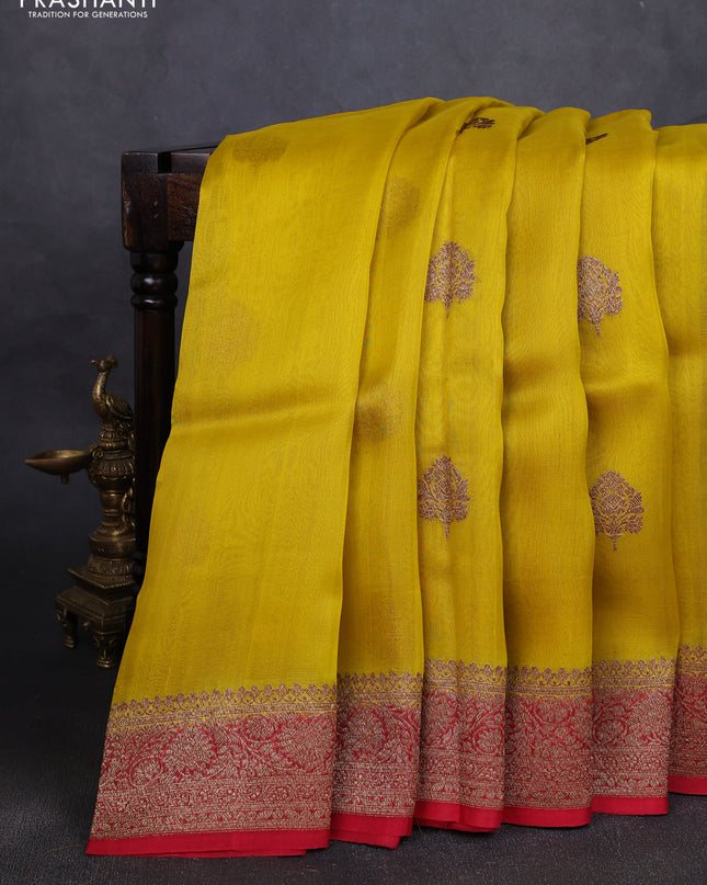 Banarasi organza silk saree mustard yellow and red with woven buttas and banarasi style border