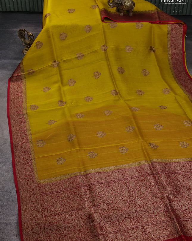 Banarasi organza silk saree mustard yellow and red with woven buttas and banarasi style border