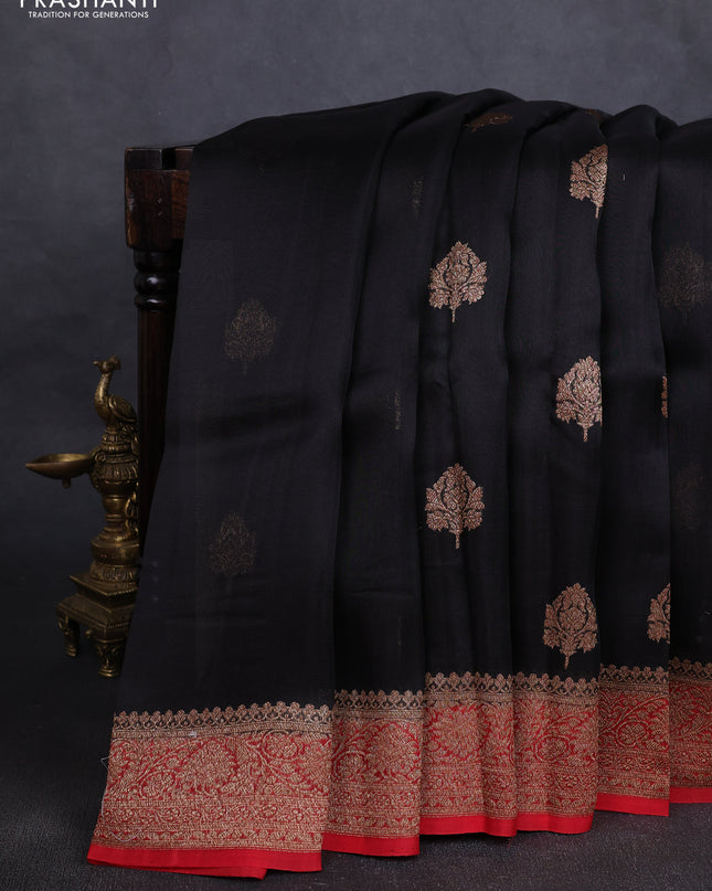 Banarasi organza silk saree black and red with woven buttas and banarasi style border