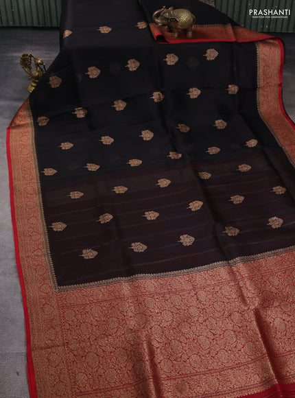 Banarasi organza silk saree black and red with woven buttas and banarasi style border