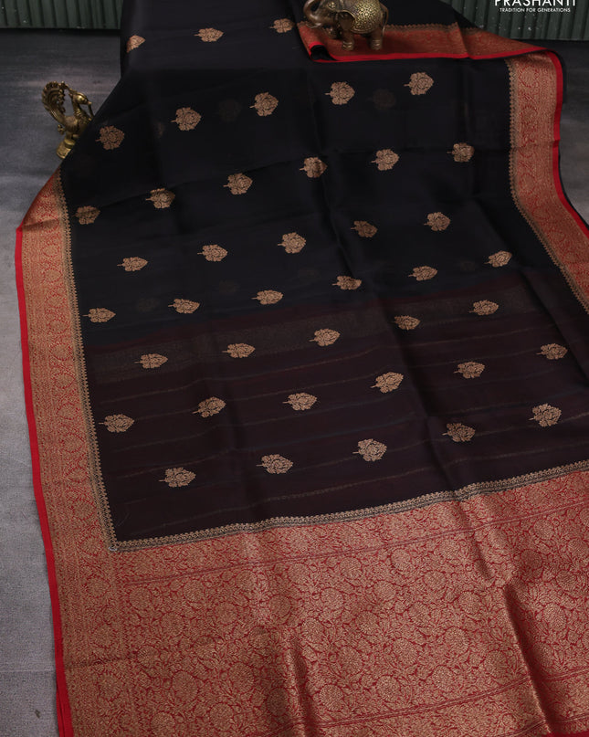 Banarasi organza silk saree black and red with woven buttas and banarasi style border