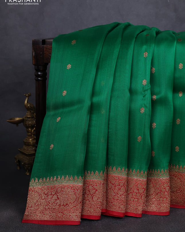 Banarasi organza silk saree green and red with woven buttas and banarasi style border