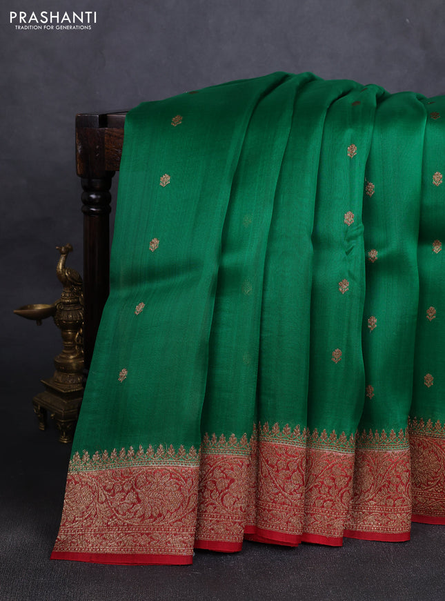 Banarasi organza silk saree green and red with woven buttas and banarasi style border