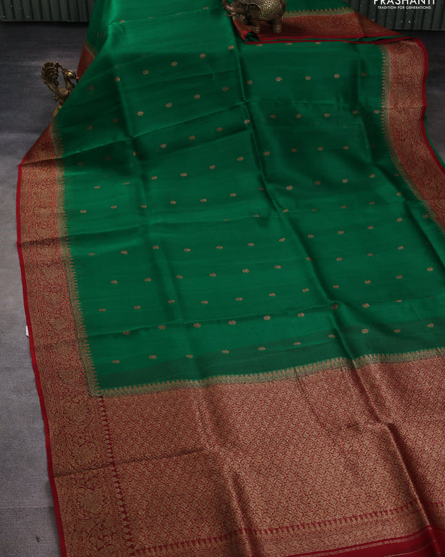 Banarasi organza silk saree green and red with woven buttas and banarasi style border