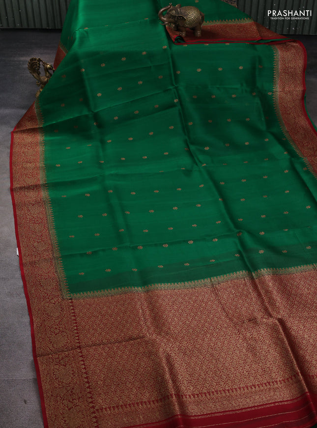 Banarasi organza silk saree green and red with woven buttas and banarasi style border