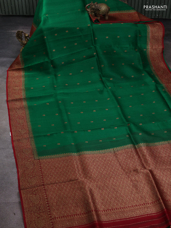 Banarasi organza silk saree green and red with woven buttas and banarasi style border