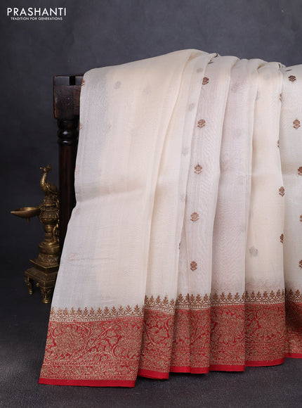 Banarasi organza silk saree cream and red with woven buttas and banarasi style border