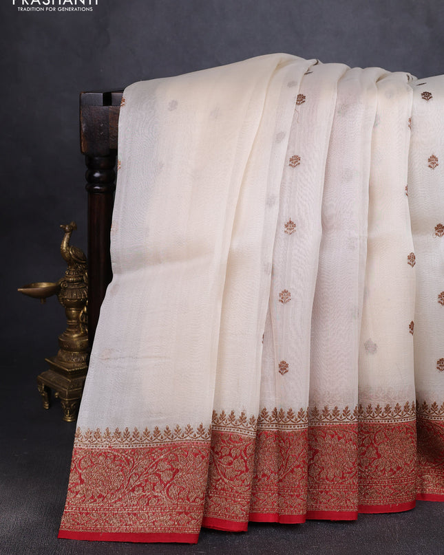 Banarasi organza silk saree cream and red with woven buttas and banarasi style border