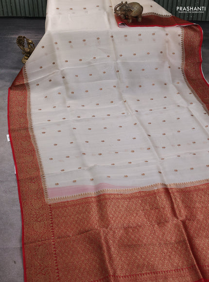 Banarasi organza silk saree cream and red with woven buttas and banarasi style border