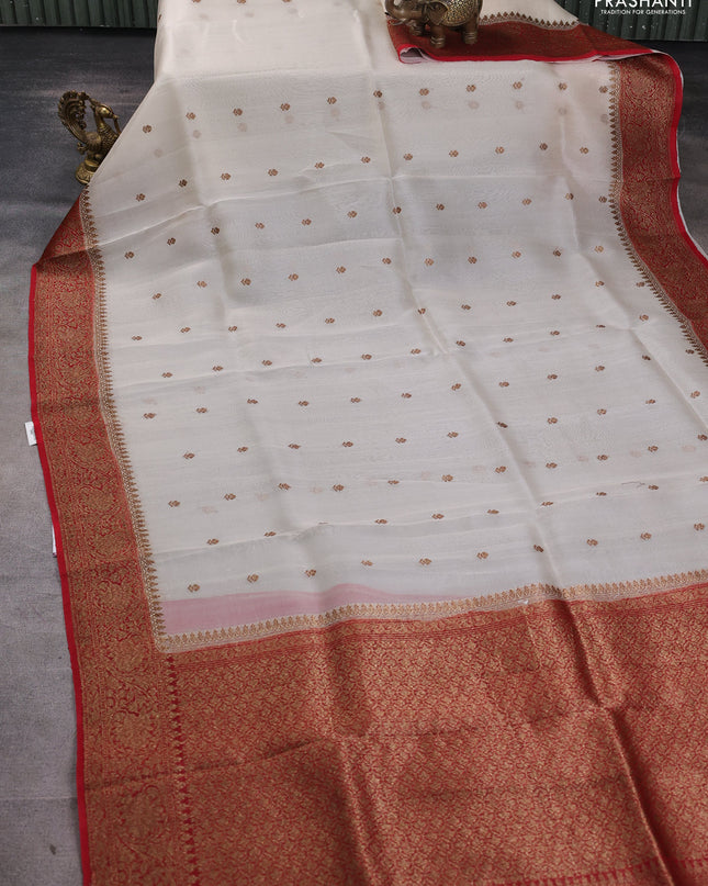 Banarasi organza silk saree cream and red with woven buttas and banarasi style border