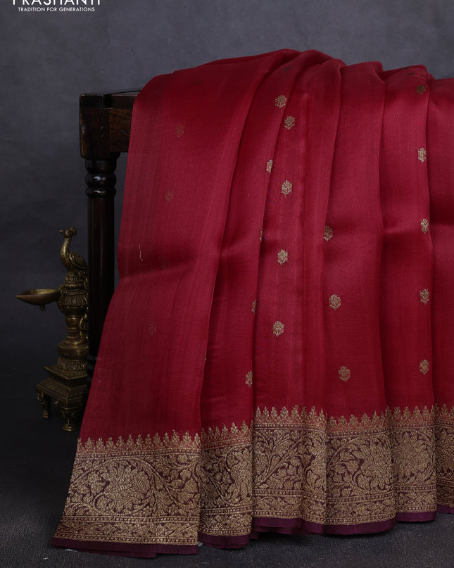 Banarasi organza silk saree red and wine shade with woven buttas and banarasi style border