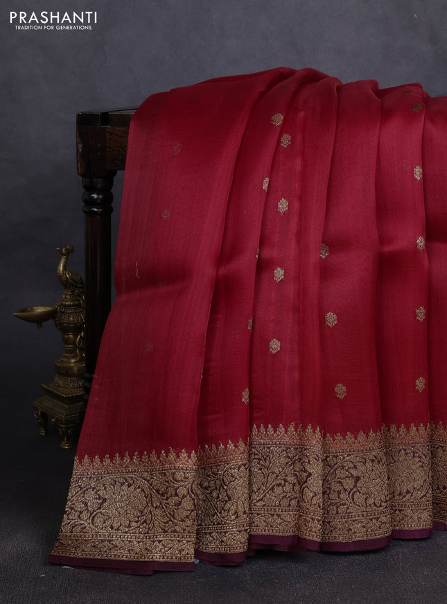 Banarasi organza silk saree red and wine shade with woven buttas and banarasi style border