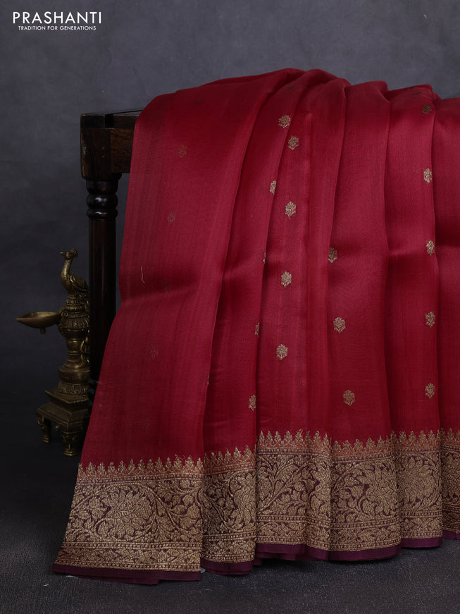 Banarasi organza silk saree red and wine shade with woven buttas and banarasi style border
