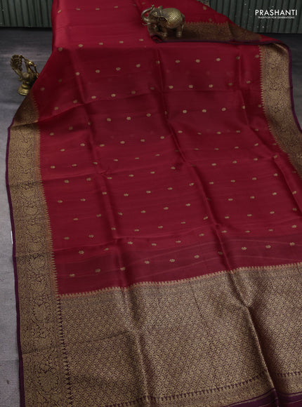 Banarasi organza silk saree red and wine shade with woven buttas and banarasi style border