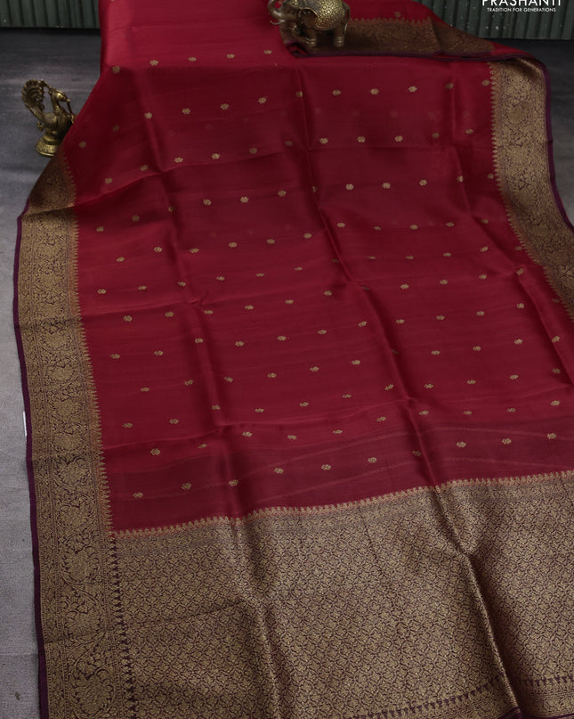 Banarasi organza silk saree red and wine shade with woven buttas and banarasi style border