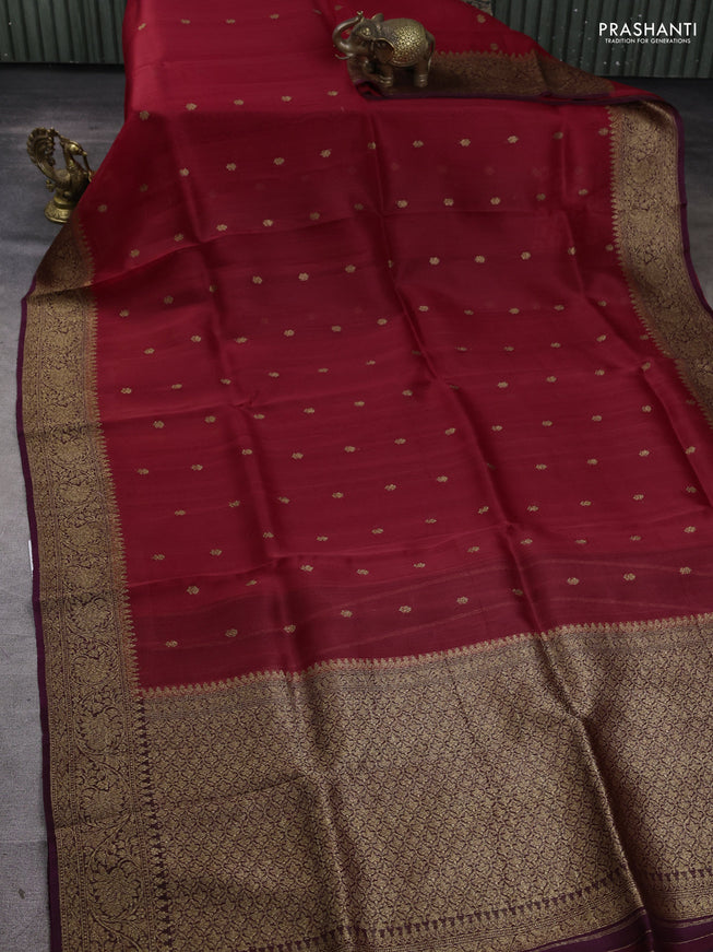 Banarasi organza silk saree red and wine shade with woven buttas and banarasi style border