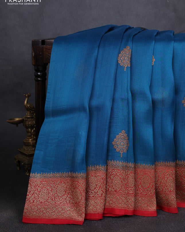 Banarasi organza silk saree cs blue and red with woven buttas and banarasi style border