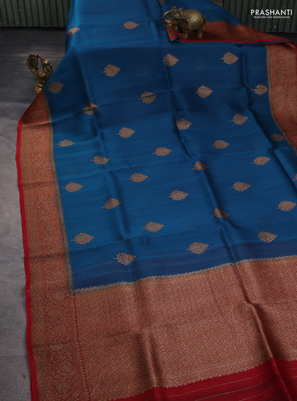 Banarasi organza silk saree cs blue and red with woven buttas and banarasi style border