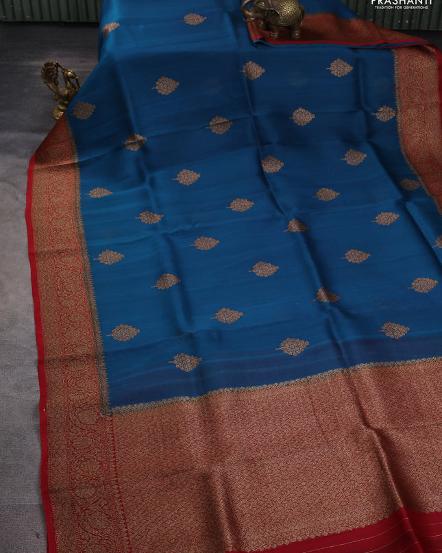 Banarasi organza silk saree cs blue and red with woven buttas and banarasi style border