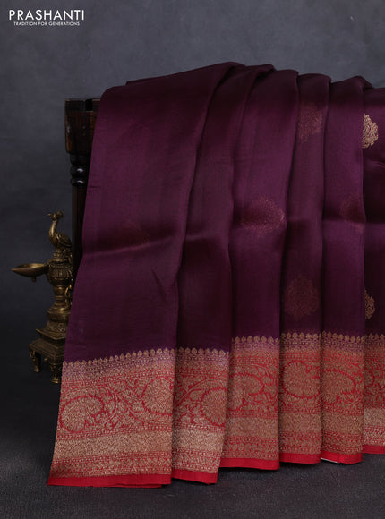 Banarasi organza silk saree deep wine and red with woven buttas and banarasi style border