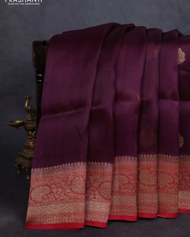 Banarasi organza silk saree deep wine and red with woven buttas and banarasi style border