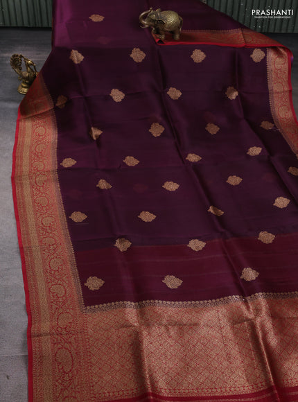 Banarasi organza silk saree deep wine and red with woven buttas and banarasi style border