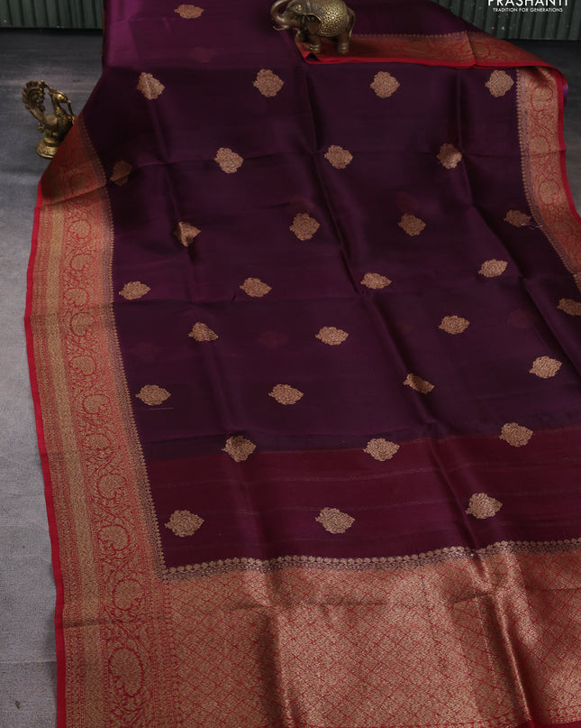 Banarasi organza silk saree deep wine and red with woven buttas and banarasi style border