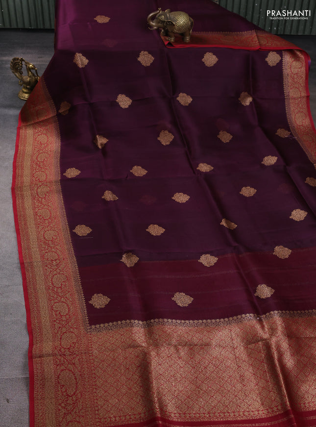 Banarasi organza silk saree deep wine and red with woven buttas and banarasi style border