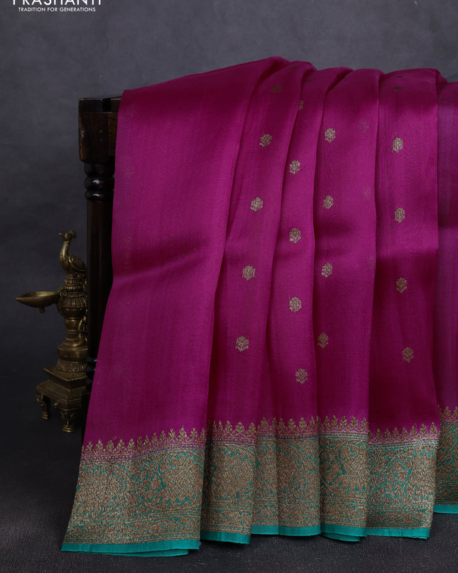 Banarasi organza silk saree pink and teal green with woven buttas and banarasi style border