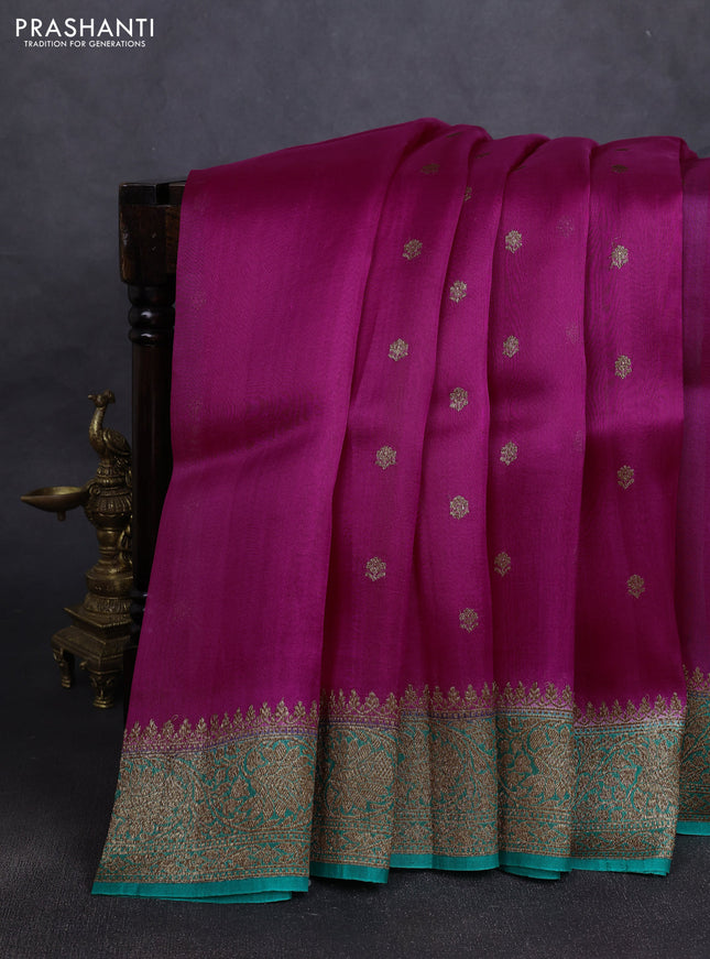 Banarasi organza silk saree pink and teal green with woven buttas and banarasi style border