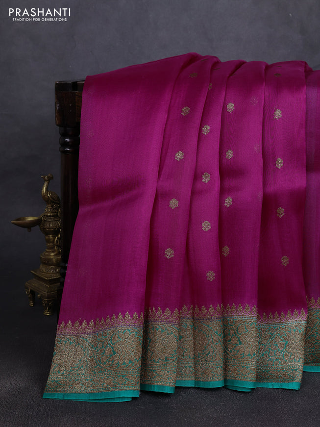 Banarasi organza silk saree pink and teal green with woven buttas and banarasi style border