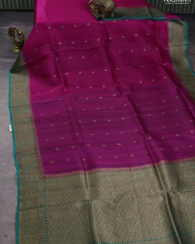 Banarasi organza silk saree pink and teal green with woven buttas and banarasi style border