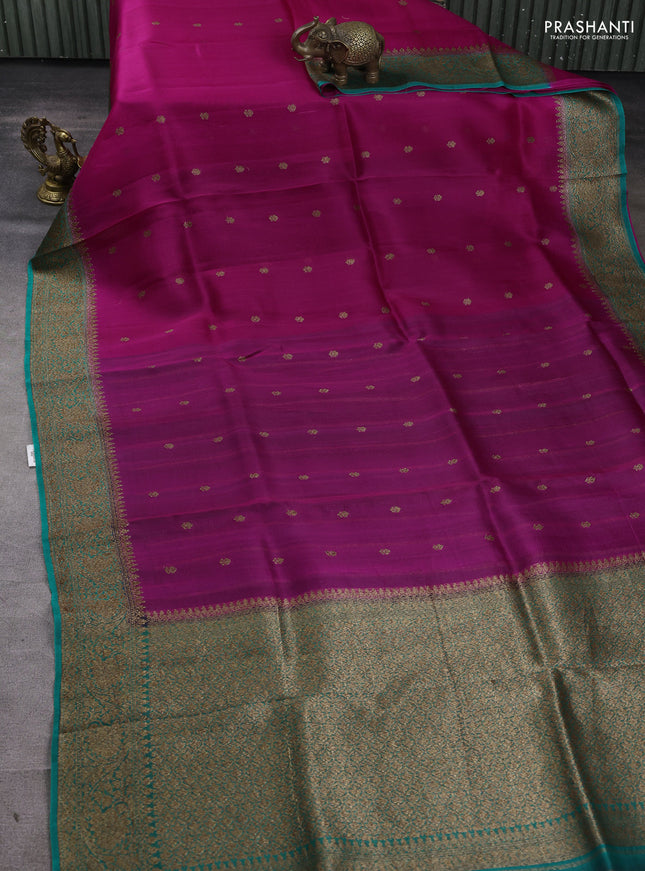 Banarasi organza silk saree pink and teal green with woven buttas and banarasi style border