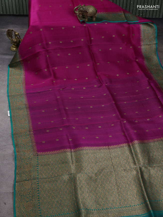 Banarasi organza silk saree pink and teal green with woven buttas and banarasi style border