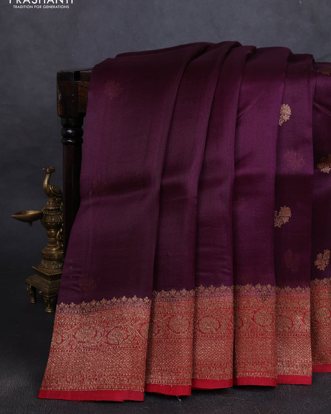Banarasi organza silk saree wine shade and red with woven buttas and banarasi style border