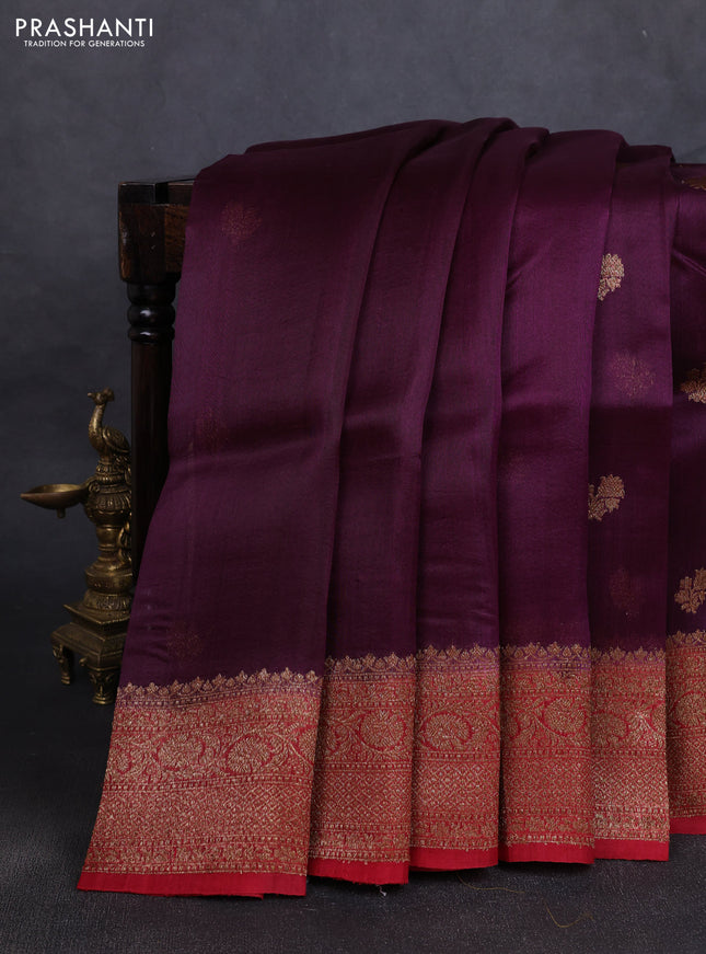 Banarasi organza silk saree wine shade and red with woven buttas and banarasi style border