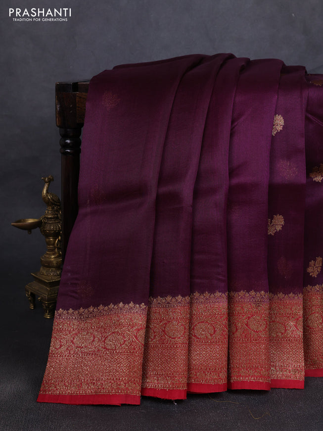 Banarasi organza silk saree wine shade and red with woven buttas and banarasi style border