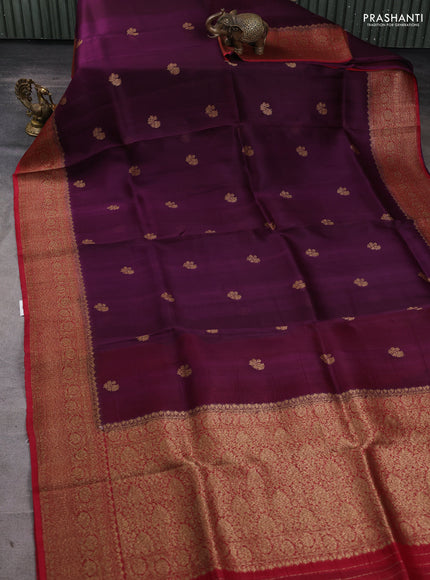 Banarasi organza silk saree wine shade and red with woven buttas and banarasi style border