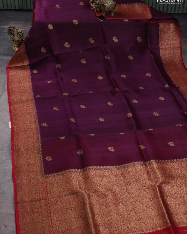Banarasi organza silk saree wine shade and red with woven buttas and banarasi style border