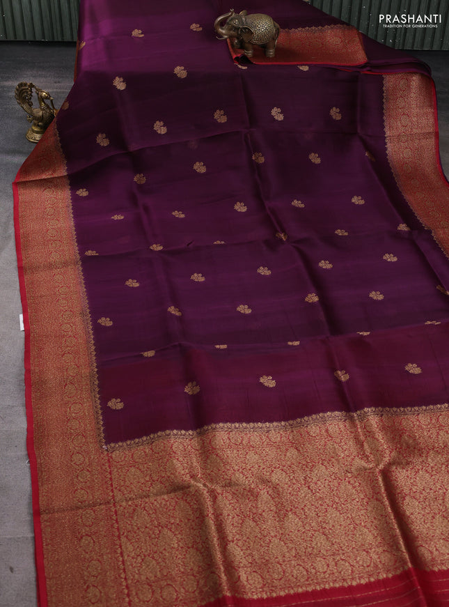 Banarasi organza silk saree wine shade and red with woven buttas and banarasi style border