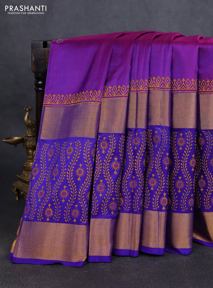 Uppada block printed silk saree purple and blue with floral butta prints and long printed zari woven border