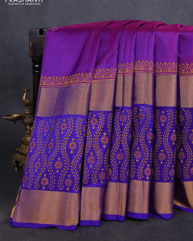 Uppada block printed silk saree purple and blue with floral butta prints and long printed zari woven border