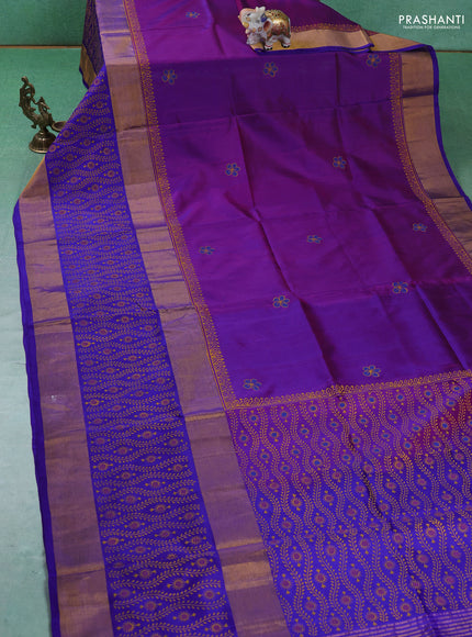 Uppada block printed silk saree purple and blue with floral butta prints and long printed zari woven border