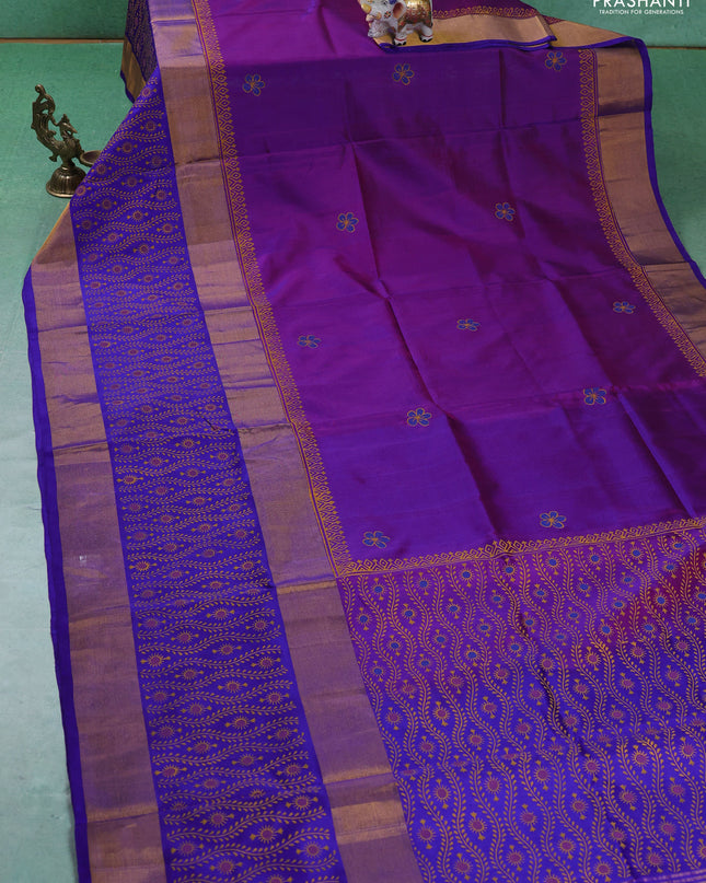 Uppada block printed silk saree purple and blue with floral butta prints and long printed zari woven border