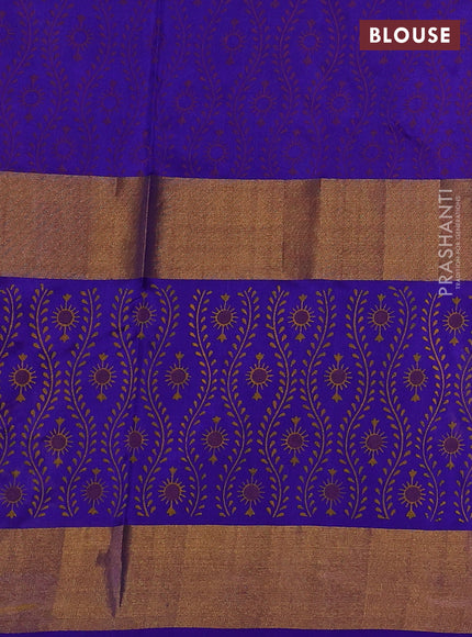 Uppada block printed silk saree purple and blue with floral butta prints and long printed zari woven border