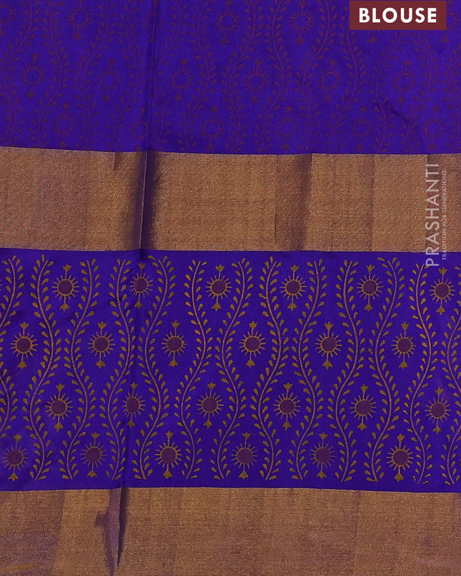 Uppada block printed silk saree purple and blue with floral butta prints and long printed zari woven border