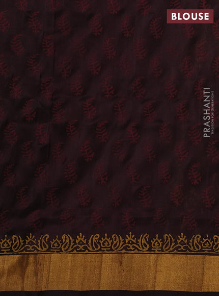 Uppada block printed silk saree lime yellow and coffee brown with paisley butta prints and zari woven border