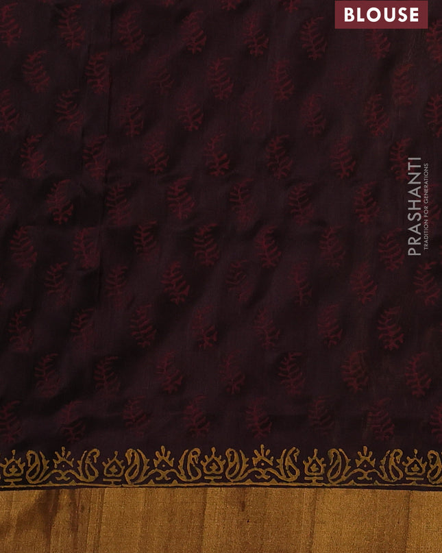 Uppada block printed silk saree lime yellow and coffee brown with paisley butta prints and zari woven border